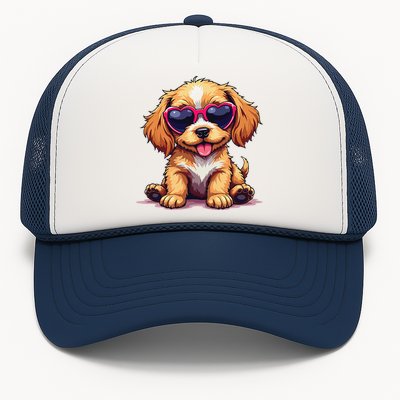 Cute Puppy Wearing Heart Sunglasses Adorable Dog Lover Trucker Hat