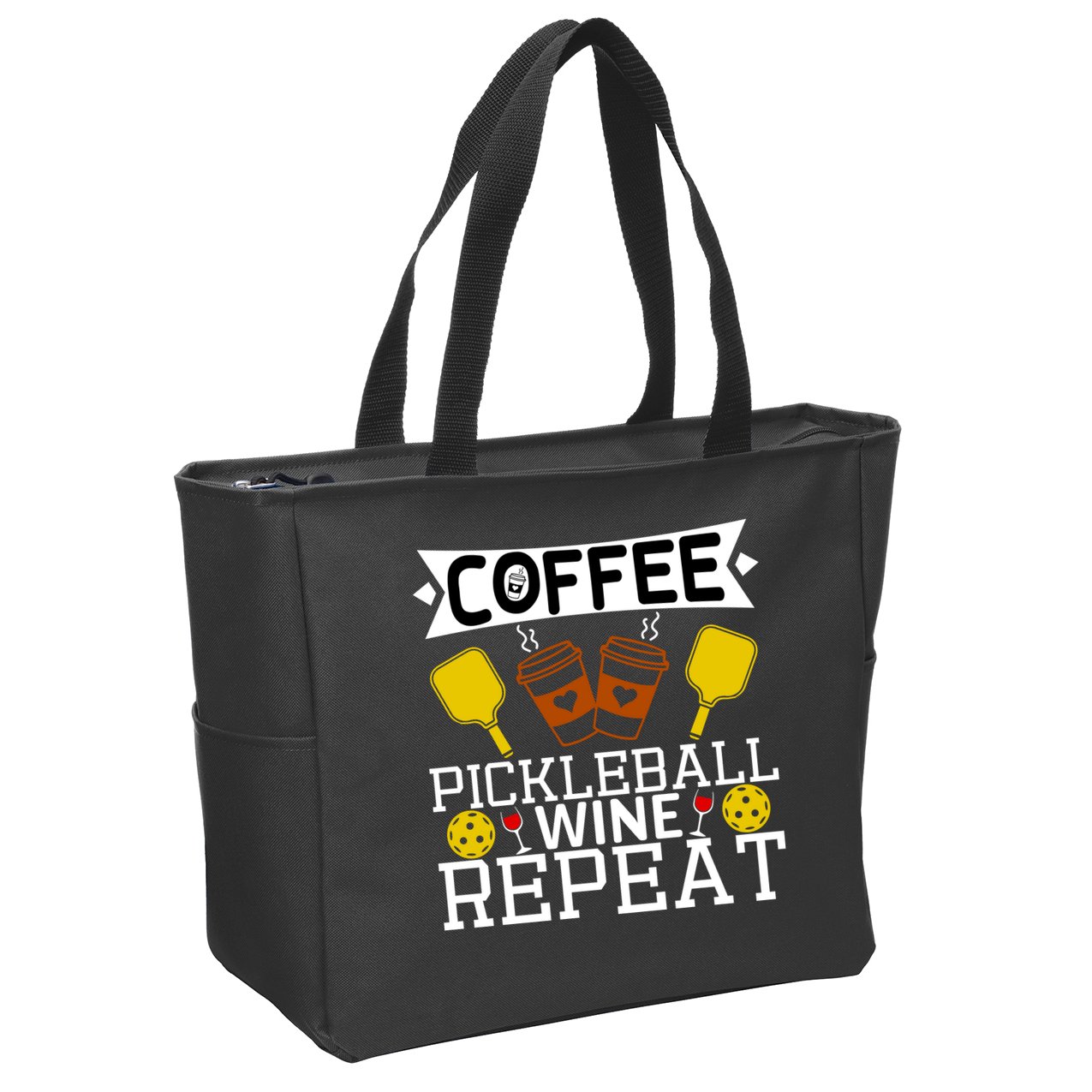 Coffee Pickleball Wine Repeat Zip Tote Bag