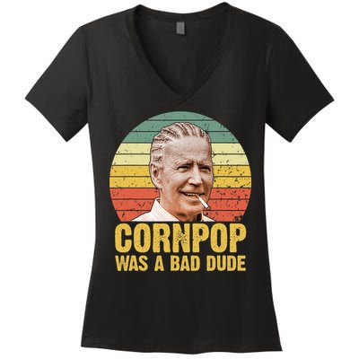 Corn Pop Was A Bad Dude Biden Funny Women's V-Neck T-Shirt