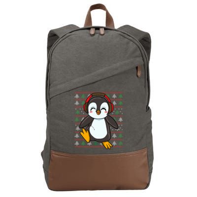 Cute Penguin With Headphones Penguin Christmas Gift Cotton Canvas Backpack