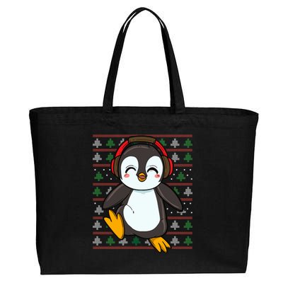 Cute Penguin With Headphones Penguin Christmas Gift Cotton Canvas Jumbo Tote