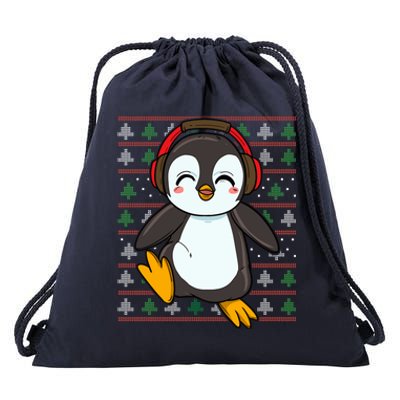 Cute Penguin With Headphones Penguin Christmas Gift Drawstring Bag