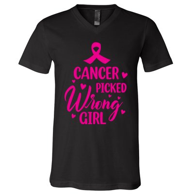 Cancer Picked Wrong Girl Breast Cancer Awareness Supporter V-Neck T-Shirt