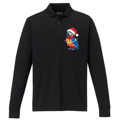 Christmas Parrots Wearing Santa Hat Xmas Light Cool Gift Performance Long Sleeve Polo