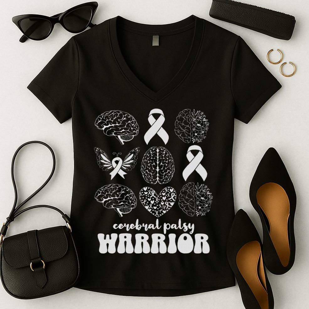 Cerebral Palsy Warrior Brain Damage Women Cp Awareness Month Women's V-Neck T-Shirt