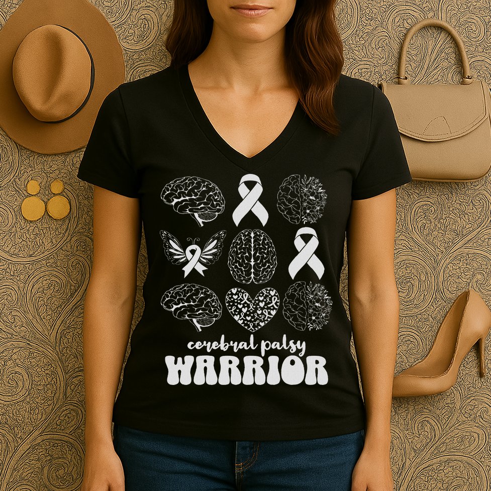 Cerebral Palsy Warrior Brain Damage Women Cp Awareness Month Women's V-Neck T-Shirt