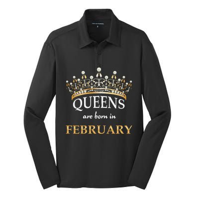 Cute Queens Are Born In February Birthday Wo Gift Silk Touch Performance Long Sleeve Polo