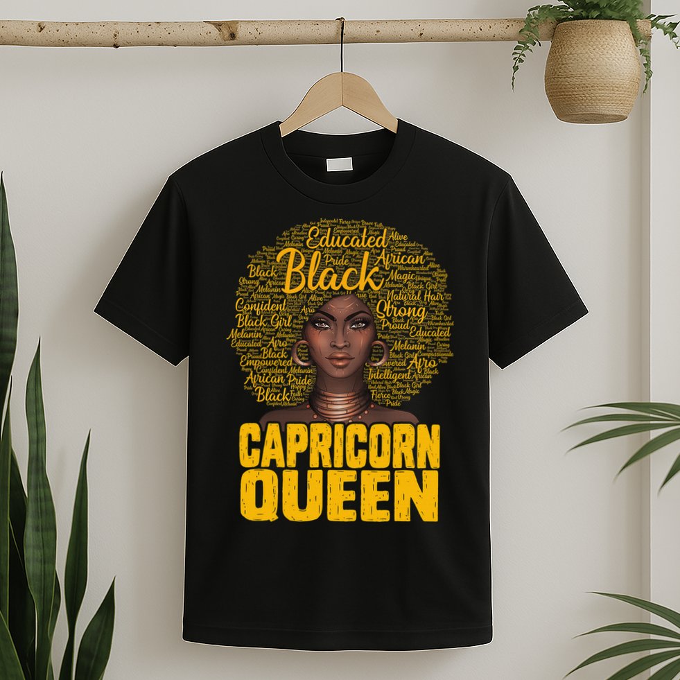 Capricorn Queen Black Woman Natural Hair Afro  Zodiac T-Shirt