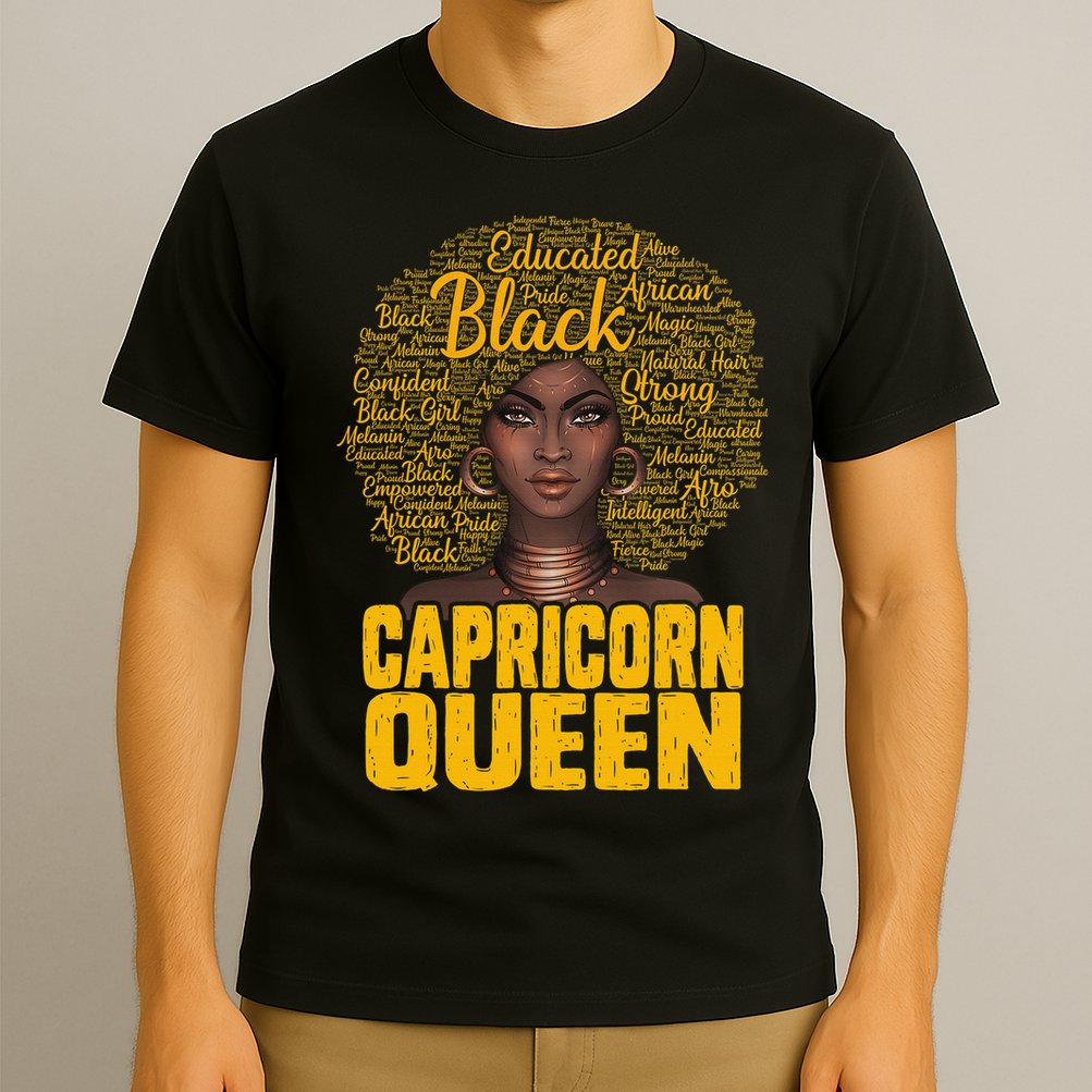 Capricorn Queen Black Woman Natural Hair Afro  Zodiac T-Shirt