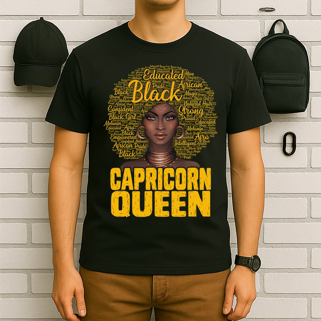Capricorn Queen Black Woman Natural Hair Afro  Zodiac T-Shirt