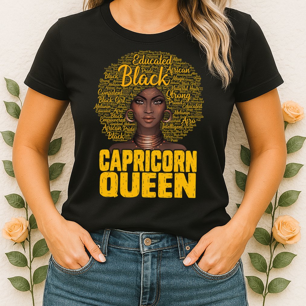 Capricorn Queen Black Woman Natural Hair Afro  Zodiac Womens T-Shirt
