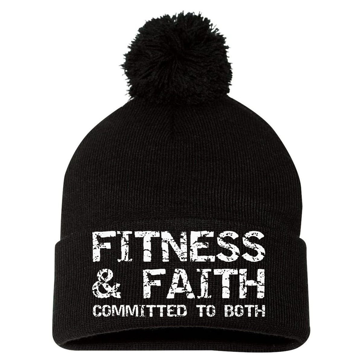 Christian Quote For Men Fitness & Faith Committed To Both Pom Pom 12in Knit Beanie