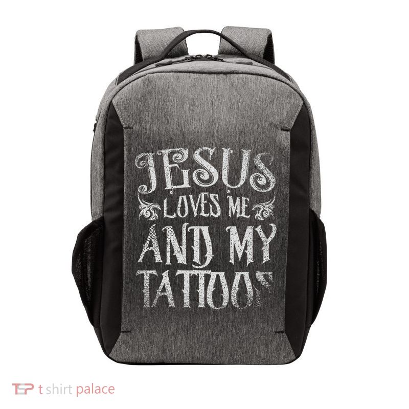 Christian Quote Jesus Loves Me And My Tattoos Tattoo Vector Backpack