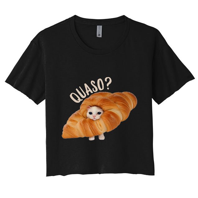 Croissant Quasocat Meme For Women Vintage Croissant Cat Meme Crop Top