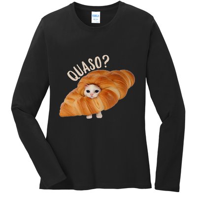 Croissant Quasocat Meme For Women Vintage Croissant Cat Meme Ladies Long Sleeve Shirt