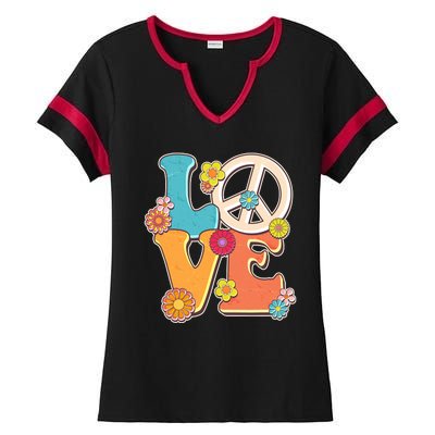 Cute Retro 1960s Flower Power Love Peace Ladies Halftime Notch Neck Tee