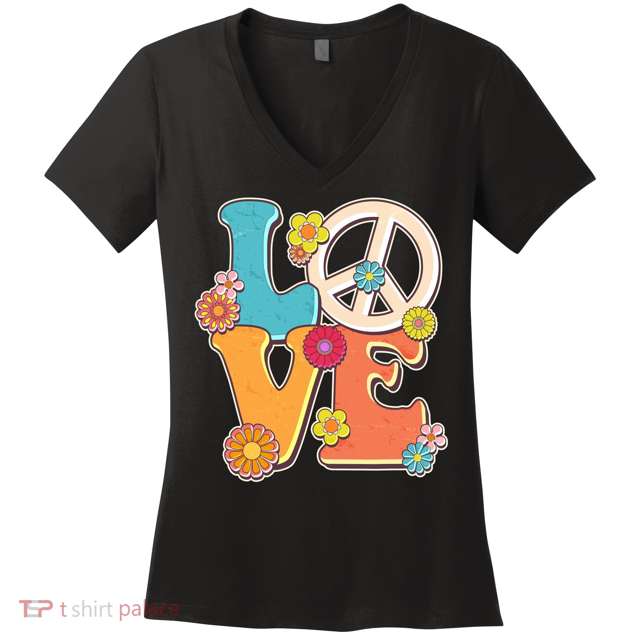 Cute Retro 1960s Flower Power Love Peace Women's V-Neck T-Shirt