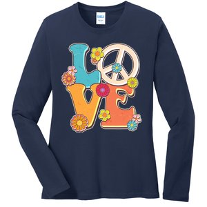 Cute Retro 1960s Flower Power Love Peace Ladies Long Sleeve Shirt