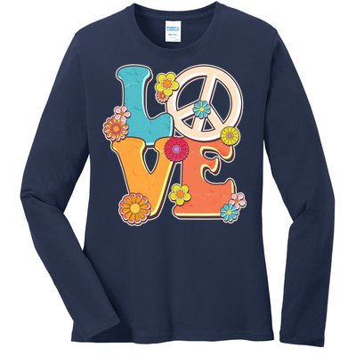 Cute Retro 1960s Flower Power Love Peace Ladies Long Sleeve Shirt