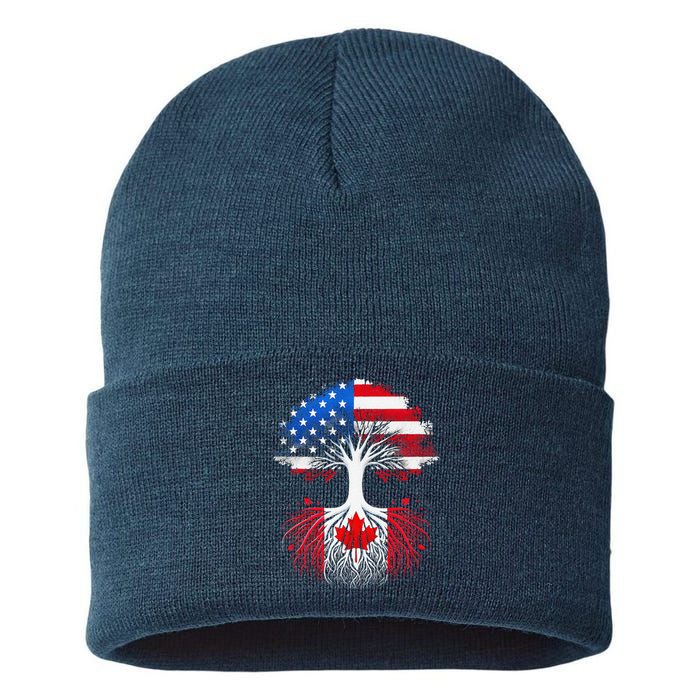 Canadian Roots American Grown Tree Flag Funny Canada Day Sustainable Knit Beanie