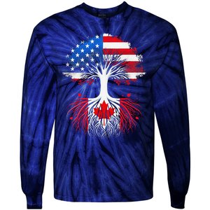 Canadian Roots American Grown Tree Flag Funny Canada Day Tie-Dye Long Sleeve Shirt