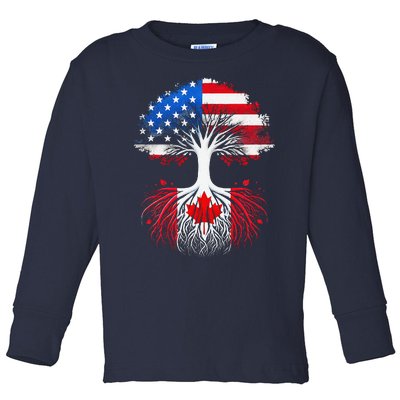 Canadian Roots American Grown Tree Flag Funny Canada Day Toddler Long Sleeve Shirt