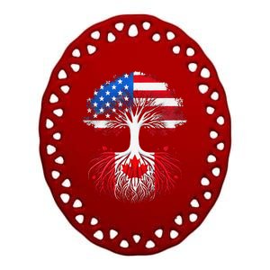 Canadian Roots American Grown Tree Flag Funny Canada Day Ceramic Oval Ornament