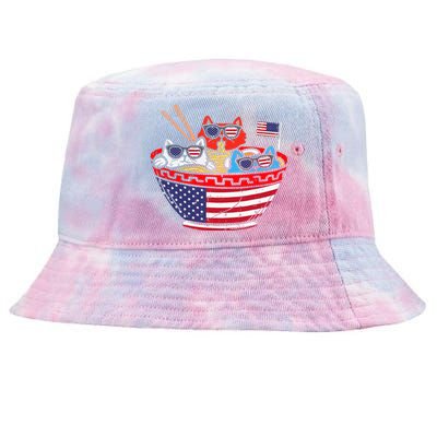 Cats Ramen Anime American Flag USA Funny 4th Of July Fourth Tie-Dyed Bucket Hat