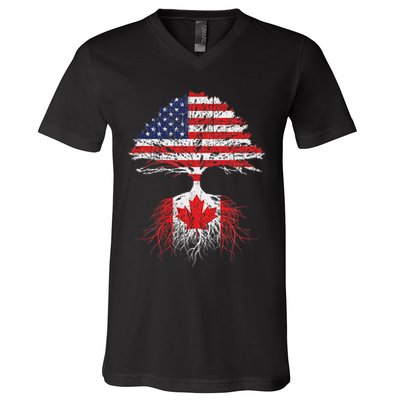 Canadian Roots American Grown Canada Flag V-Neck T-Shirt