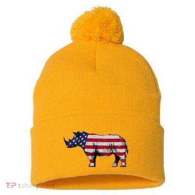 Cool Rhino Art Rhinoceros Usa Flag Pom Pom 12in Knit Beanie