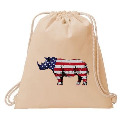Cool Rhino Art Rhinoceros Usa Flag Drawstring Bag