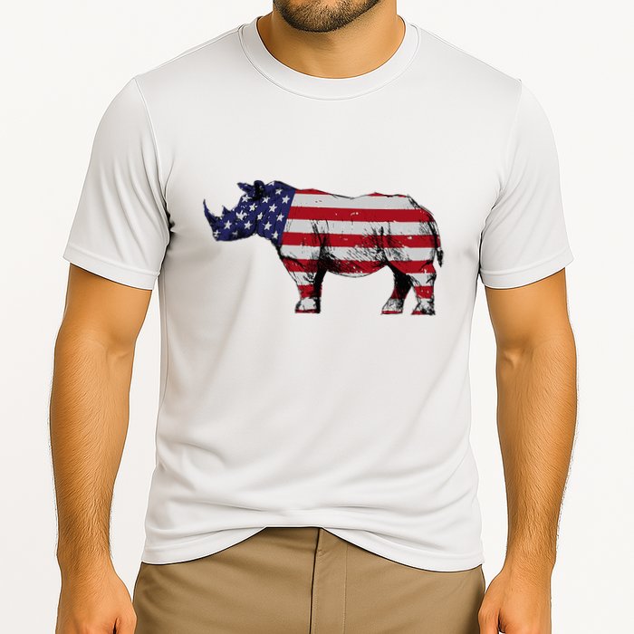 Cool Rhino Art Rhinoceros Usa Flag Cooling Performance Crew T-Shirt