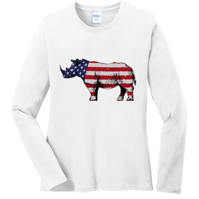 Cool Rhino Art Rhinoceros Usa Flag Ladies Long Sleeve Shirt