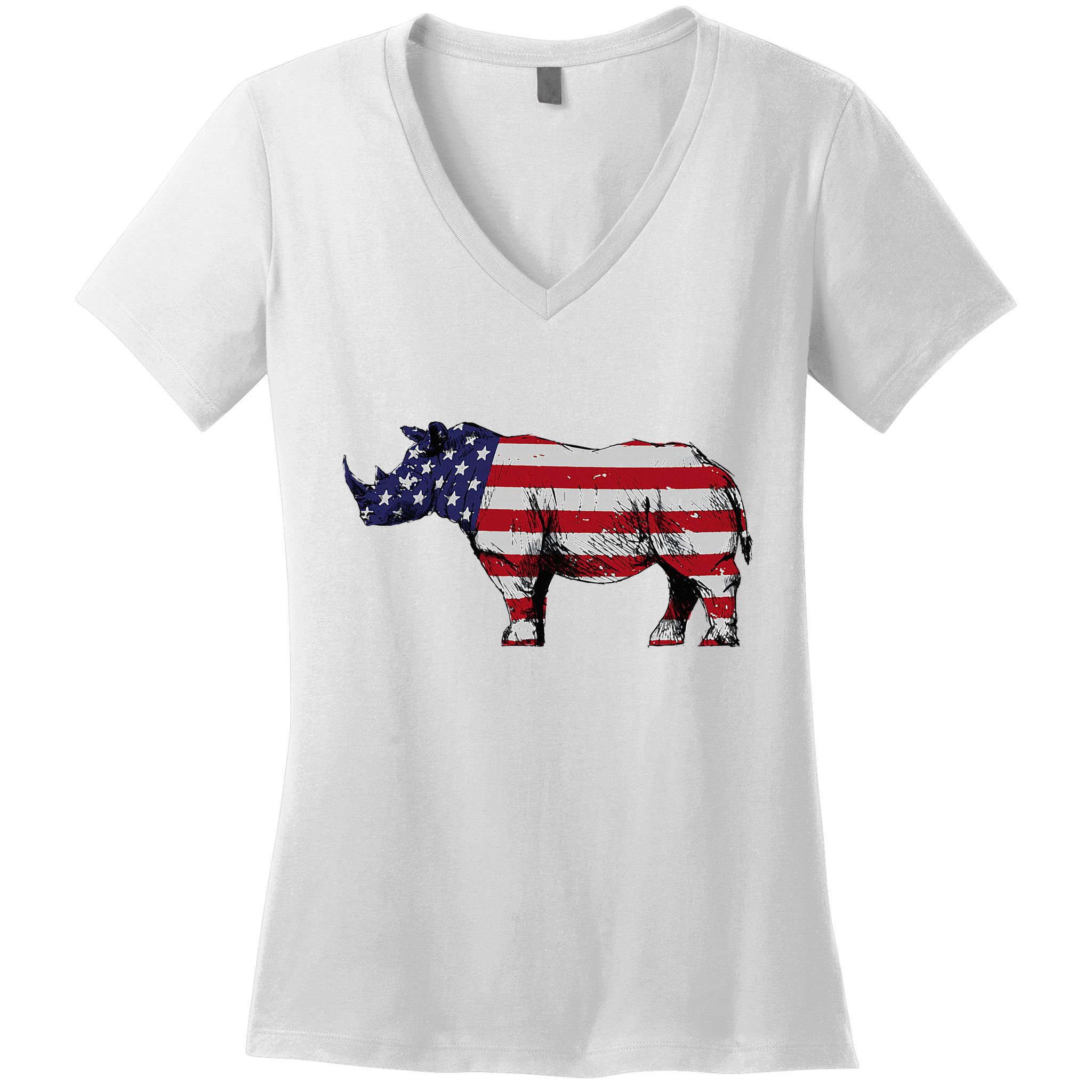 Cool Rhino Art Rhinoceros Usa Flag Women's V-Neck T-Shirt