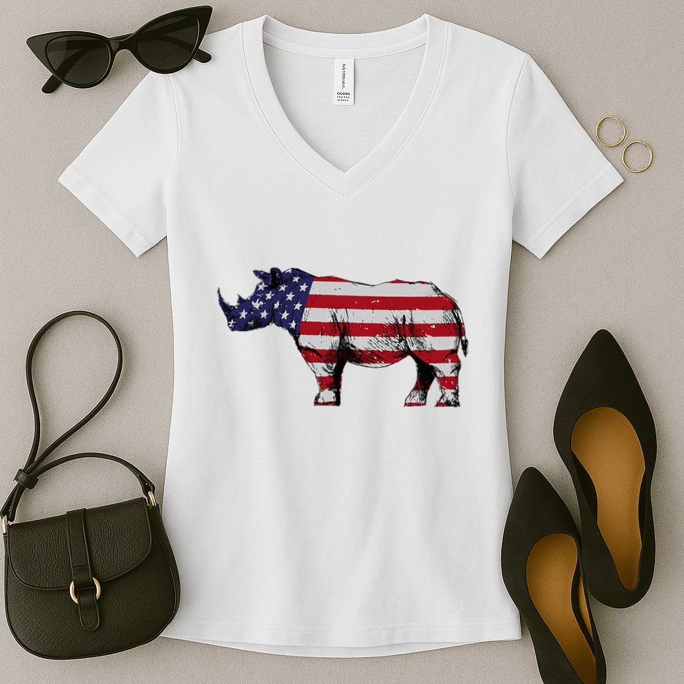 Cool Rhino Art Rhinoceros Usa Flag Women's V-Neck T-Shirt