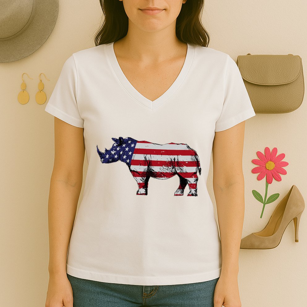 Cool Rhino Art Rhinoceros Usa Flag Women's V-Neck T-Shirt