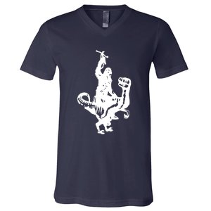 Chewbacca Riding A Velociraptor Dinosaur V-Neck T-Shirt