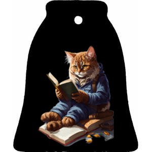 Cat Reading A Book Graphic Funny Cats Kitten Lovers Gift Ceramic Bell Ornament