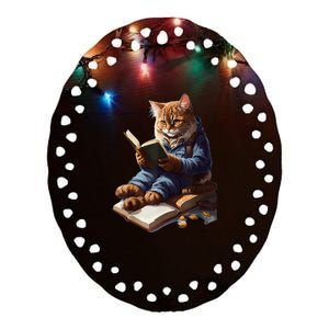 Cat Reading A Book Graphic Funny Cats Kitten Lovers Gift Ceramic Oval Ornament