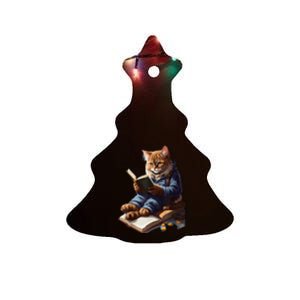 Cat Reading A Book Graphic Funny Cats Kitten Lovers Gift Ceramic Tree Ornament