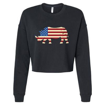 Cool Rhino Art For Men Women Rhinoceros 4th Of July USA Flag Cropped Pullover Crew