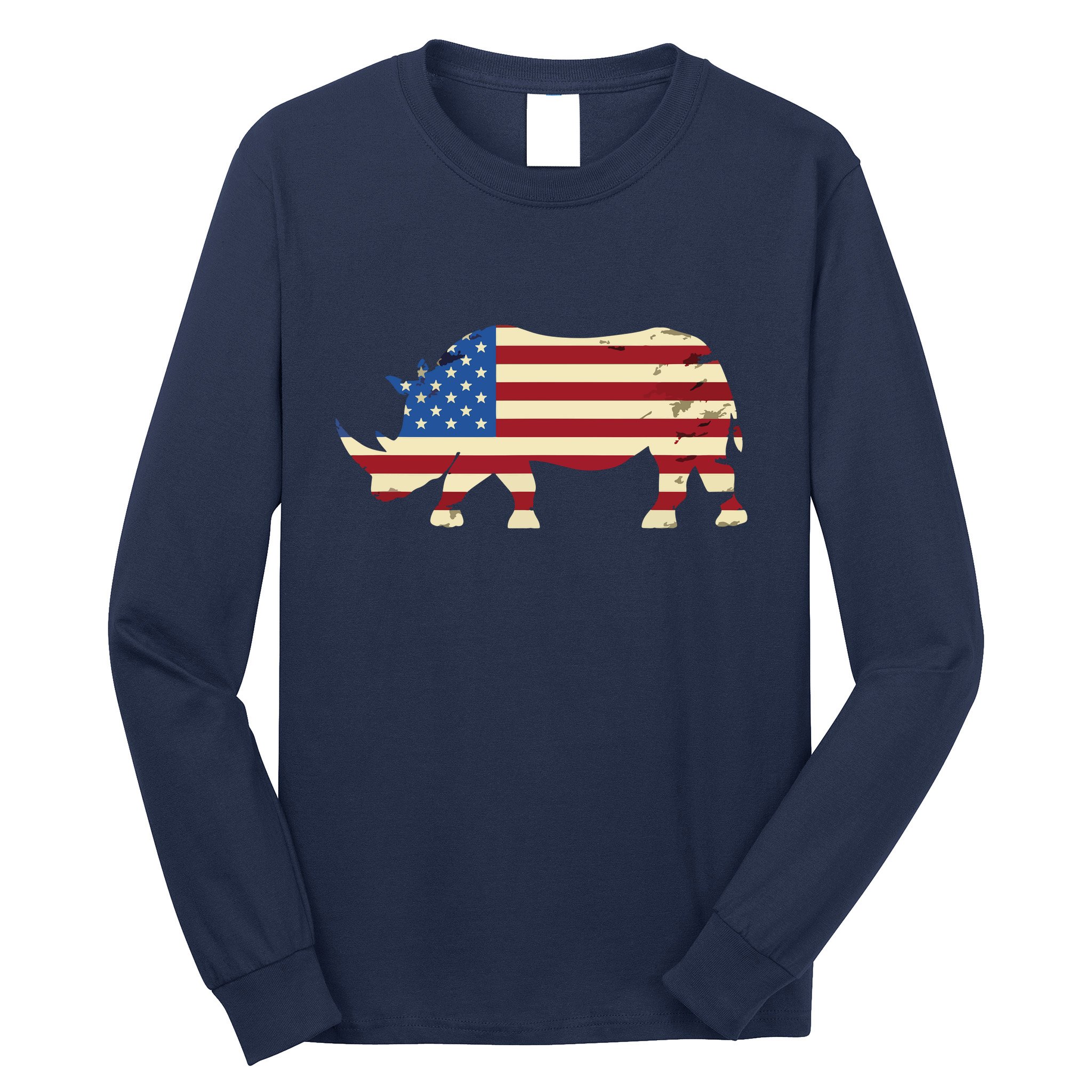 Cool Rhino Art For Men Women Rhinoceros 4th Of July USA Flag Long Sleeve Shirt