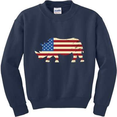 Cool Rhino Art For Men Women Rhinoceros 4th Of July USA Flag Kids Sweatshirt