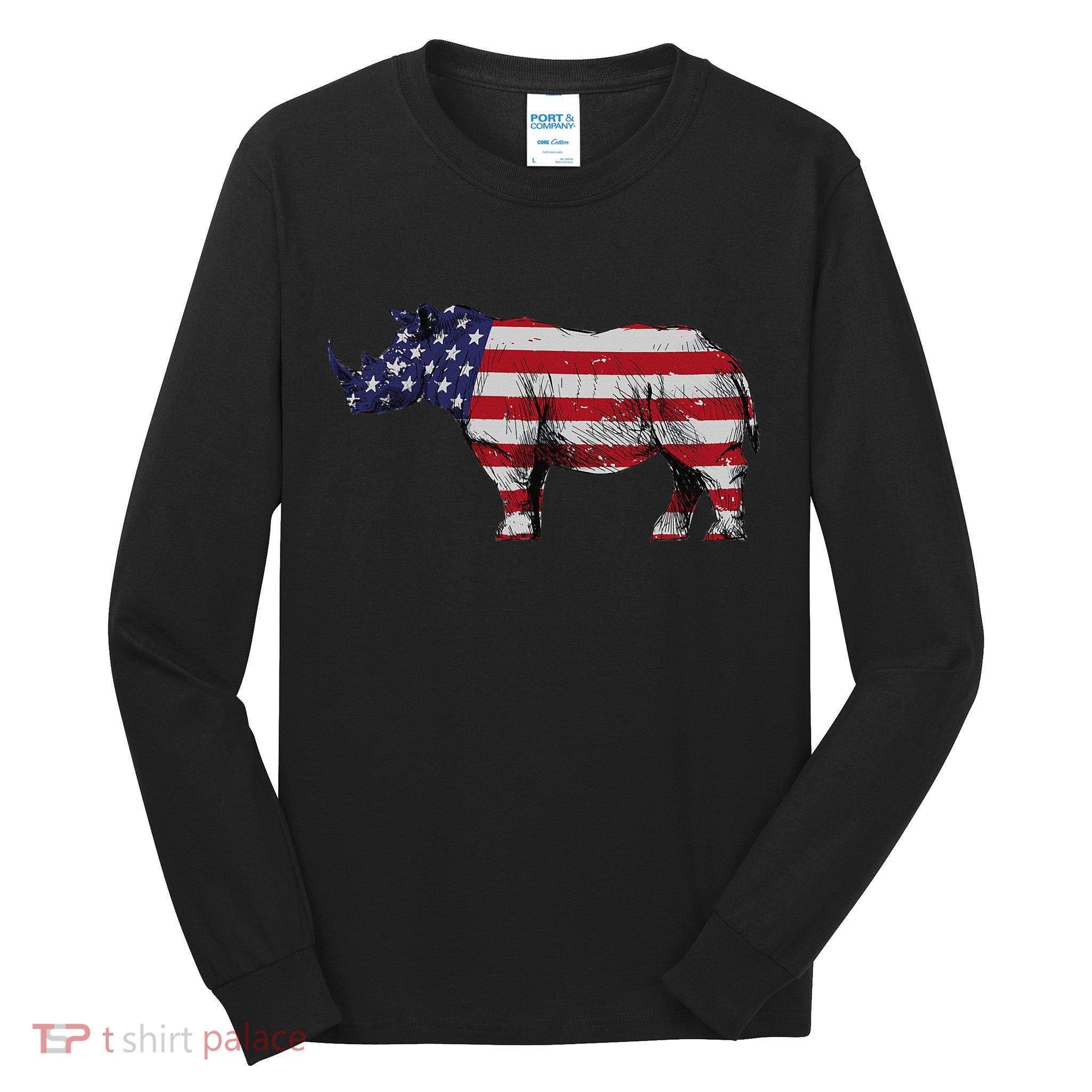 Cool Rhino Art For Rhinoceros 4th Of July USA Flag Tall Long Sleeve T-Shirt
