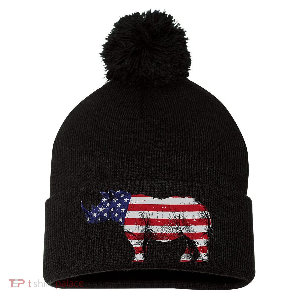 Cool Rhino Art For Rhinoceros 4th Of July USA Flag Pom Pom 12in Knit Beanie