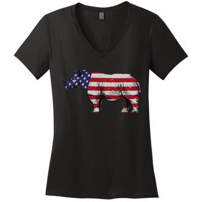 Cool Rhino Art For Rhinoceros 4th Of July USA Flag Women's V-Neck T-Shirt