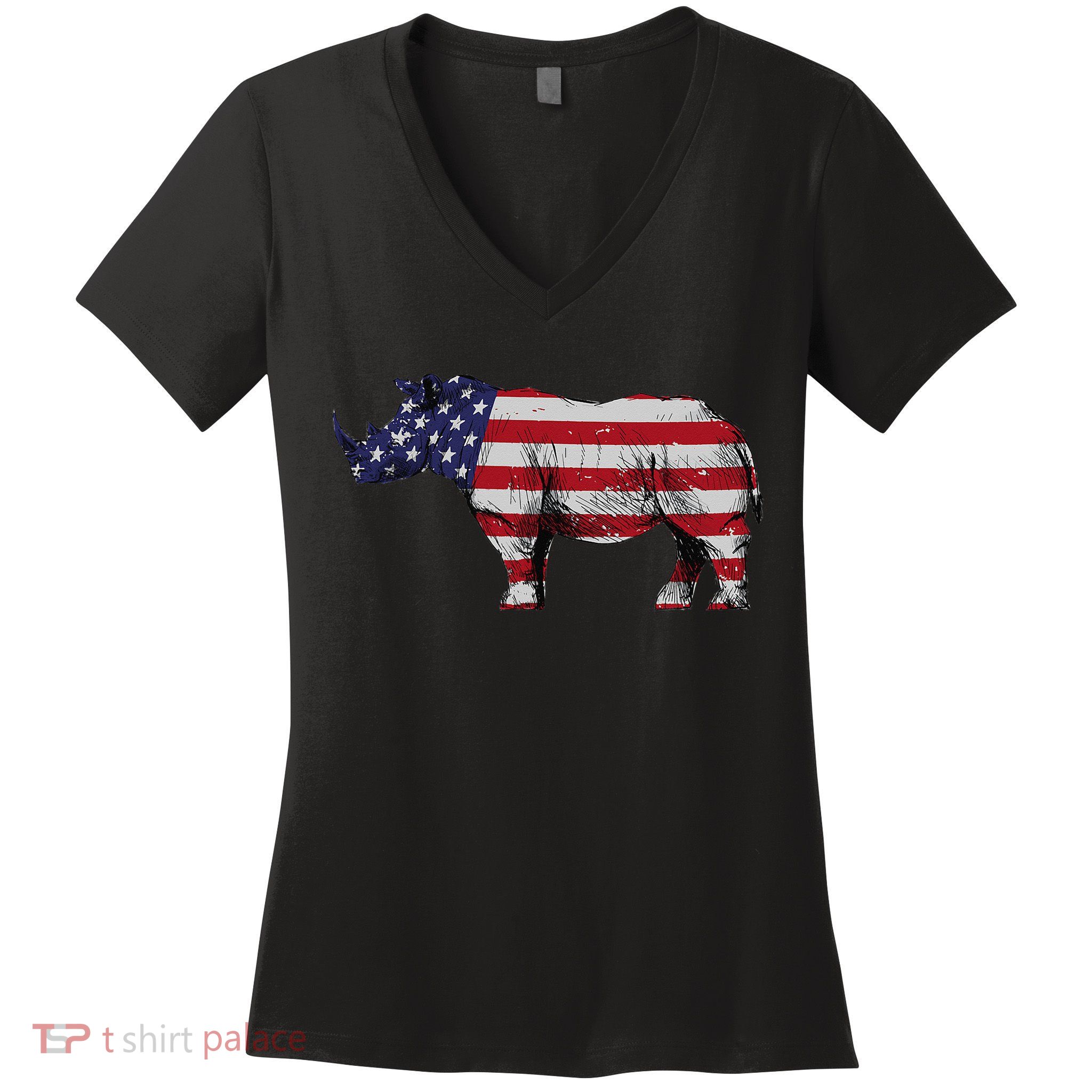 Cool Rhino Art For Rhinoceros 4th Of July USA Flag Women's V-Neck T-Shirt