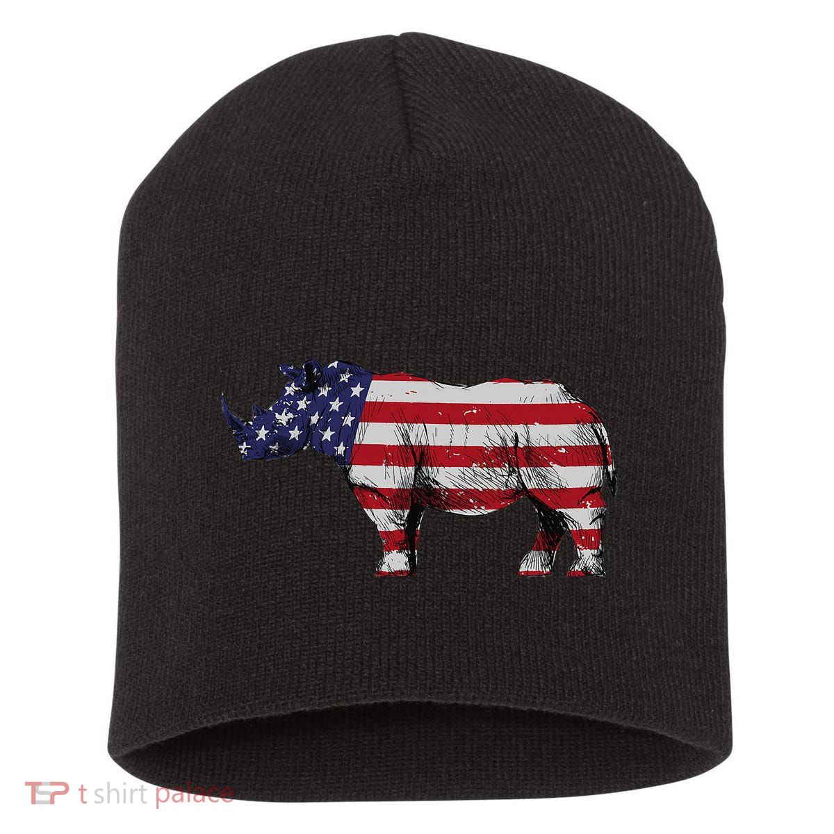 Cool Rhino Art For Rhinoceros 4th Of July USA Flag Short Acrylic Beanie