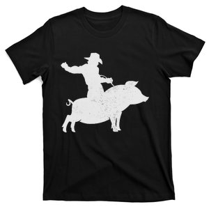 Cowboy Riding A Pig Bbq Distressed T-Shirt