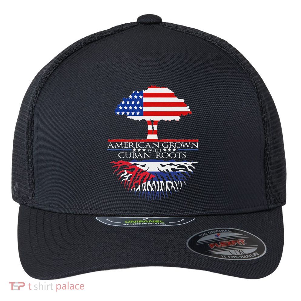 Cuban Roots American Grown Born Tree Flag Usa Cuba Pride Flexfit Unipanel Trucker Cap